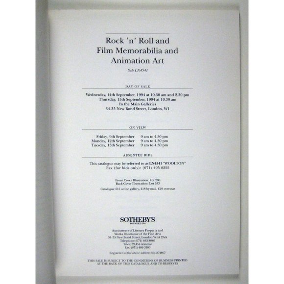 Sotheby's Catalog 1994 September London Rock 'n Roll Film Memorabilia Animation - Picture 3 of 7